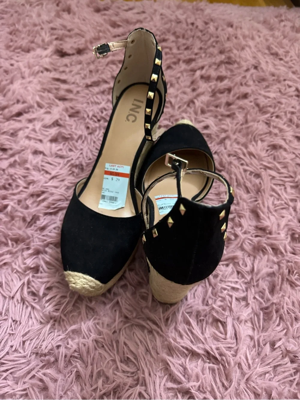 INC International Concepts Black and Gold Studded Espadrille Wedge Sandals